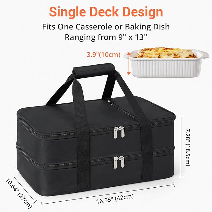 Double Insulated Casserole Carrier for Hot or Cold Food,Pie Carrier Bag Lunch Tote for Potluck Parties/Picnic/Cookouts, Fits 9"x13" Baking Dish, Black