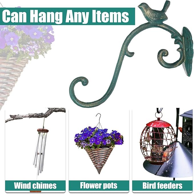 Moxweyeni 2 Pcs Cast Iron Plant Hangers Outdoor 10" Heavy Duty Hanging Basket Brackets Lovely Bird Shape Decorative Wall Hangers for Flower Pots Bird Feeder Wind Chime Lantern(Golden Green)