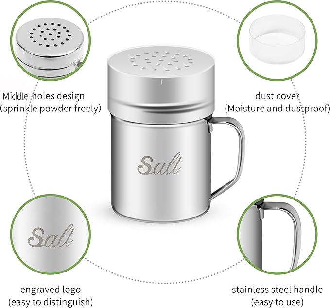 Stainless Steel Salt and Pepper Shakers Set, 6 OZ Seasoning Spice Shaker with Lid and Handle Medium Holes, Metal Dredge Shaker for Powder Sugar Cooking Kitchen Baking (2 Pieces)