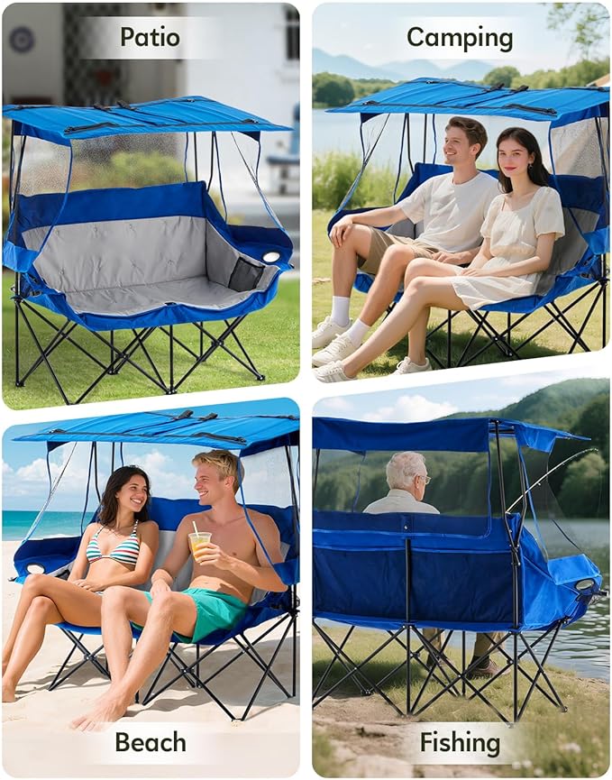 CLIPOP Double Camping Chair with Canopy, Portable Outdoor Folding Chair with Cup Holders, Side Pocket, Oversized Beach Chair with Canopy Shade for Lawn Patio Hiking, Blue