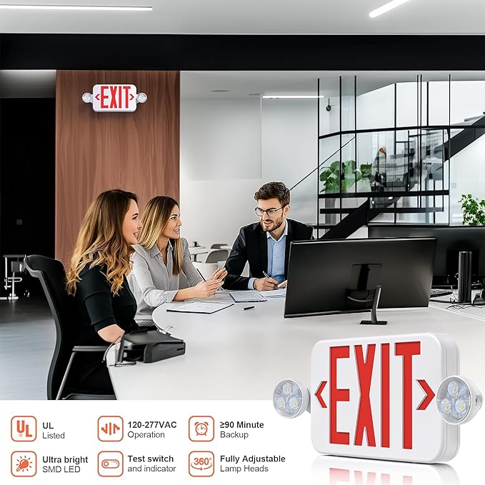 Led Exit Sign Emergency Light Combo Adjustable Two Head,Double Sided and Battery Backup Exit Light,Red Letter Hardwired Emergency Exit Sign,AC 120/277V,UL Listed,Ceiling&Wall Mount (6 Pack)