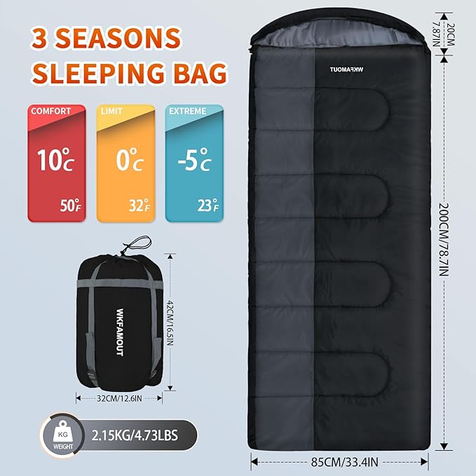 XL 10 Degree Sleeping Bags Waterproof for Adults 350GSM Machine Washable with Compression Sack for 3-4 Season Camping Outdoor