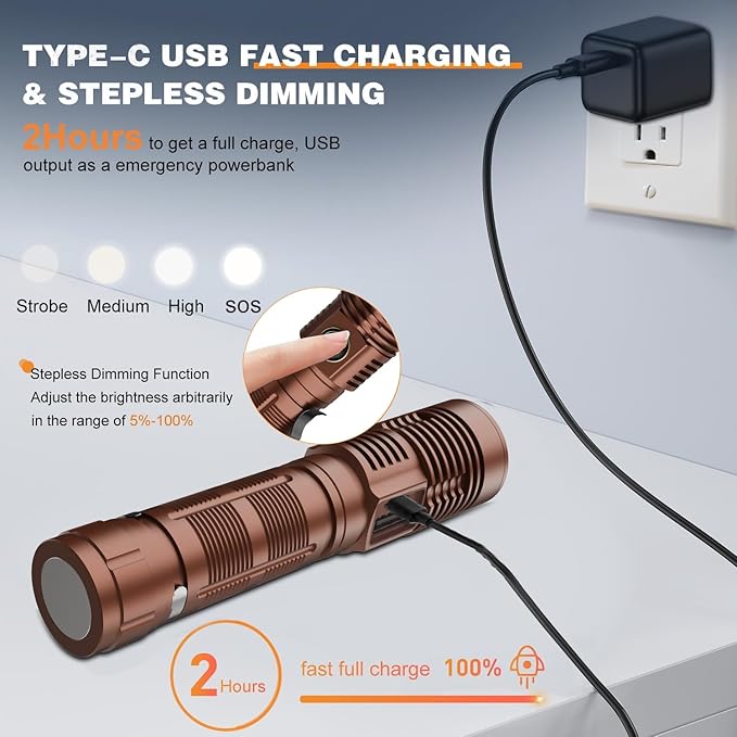 Small Tactical Flashlights High Lumens - 1500 Meters Long Beam Super Bright LED Magnetic Flashlight USB Rechargeable Zoomable 5Modes Long Beam Spotlight Flashlight for Hiking, Camping-Brown