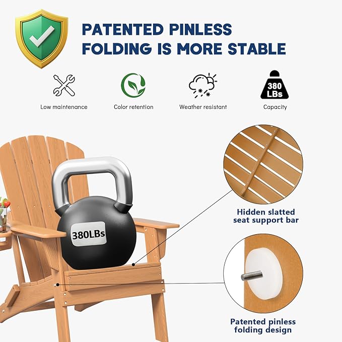 Folding Adirondack Chair, SGS Tested, Wooden Textured with Cup Holder, Heavy All-Weather HDPE Comfortable Set Poolside Backyard Lawn Teak Set 4