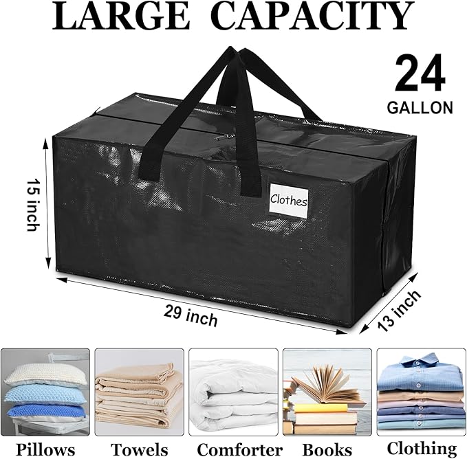 4 Pcs 24 Gallon Large Moving Bags with Zipper and Handles Foldable Storage Duffle Bags Heavy Duty Extra Large Totes for College Dorm Travel Clothes Blankets Bedding Moving (Black)