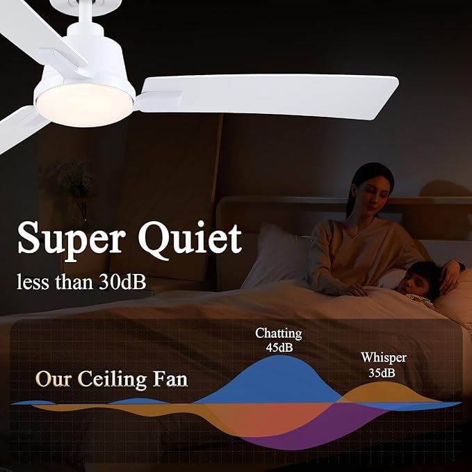52 Inch Ceiling Fans with Lights,Low Profile Ceiling Fan,Modern Flush Mount,Reversible 6 Speeds,3CCT Dimmable Noiseless White Ceiling Fans for Living Room,Bedroom and Patio,ETL Listed