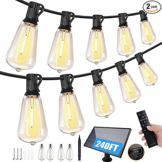 2 Pack 120FT Solar String Lights Outdoor,Solar Patio Lights Waterproof with Remote & 80+4 Dimmable ST38 Shatterproof LED Bulbs,Commercial Grade Solar Powered String Lights for Outside
