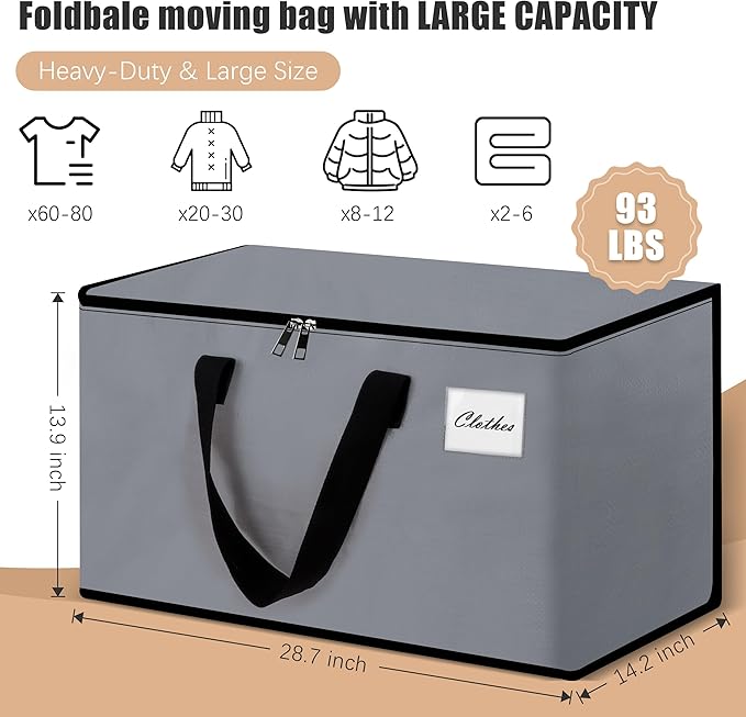 Heavy Duty Moving Bags - Extra Large Packing Bags and Storage Totes, Collapsible and Foldable Option for Moving and Storage, Grey, 93 L - 6 Pack