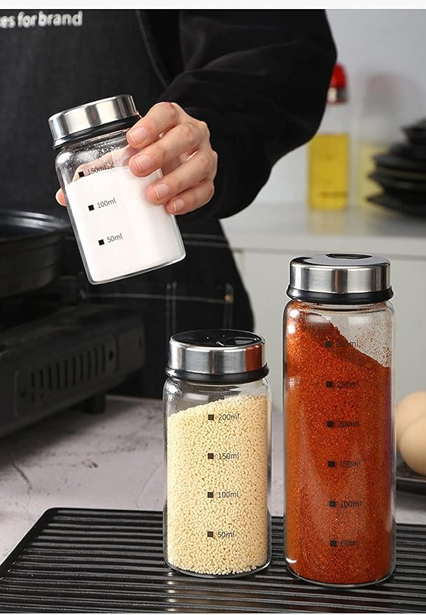 2 Piece 4-Neck Glass Seasoning Shakers with Adjustable Pour Holes - Moisture Resistant, Salt and Pepper Shakers - For Seasoning, Picnics (2 medium jars, 7oz each)