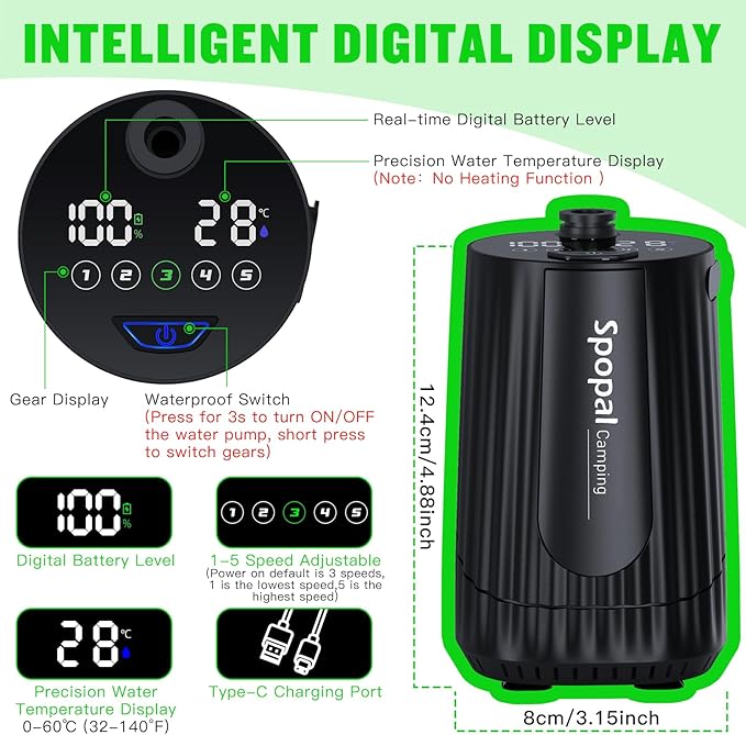 Portable Camping Shower - 10000mAh Rechargeable, 5-Speed, IPX8 Waterproof, LED Display Camp Shower Pump- Perfect for Hiking, Travel, Cars & Pets