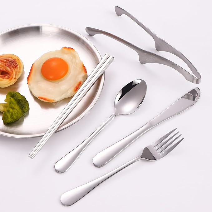Stainless Steel Outdoor Camping Mess Kits - Includes Forks, Spoons, Knives, Chopsticks, Food Clip, Plates - Portable Cutlery Bag