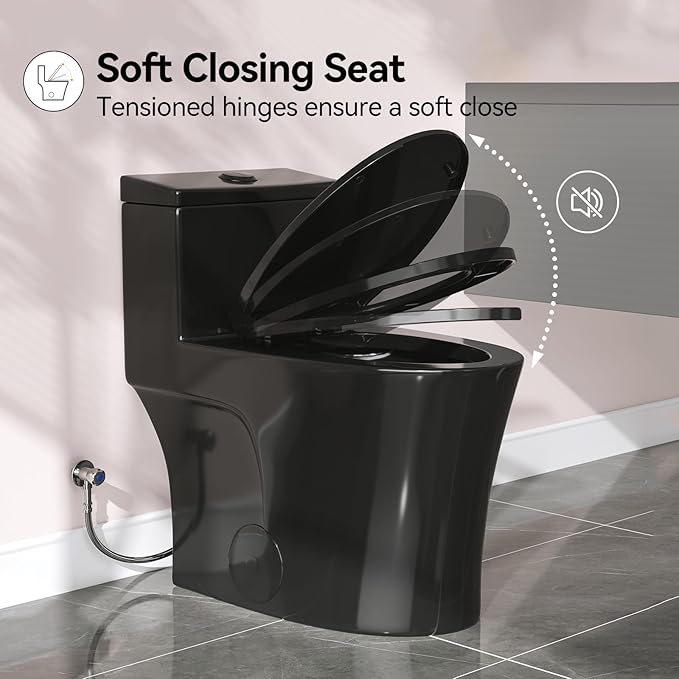 HOROW T0338WB Elongated One Piece Toilet Black, Compact Modern Toilet with Comfortable Seat Height, ADA Chair Height 17.3", Power Dual Flush 0.8/1.28 GPF & MAP 1000g, Matte Black, 12" Rough-in