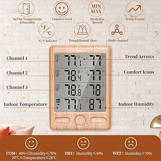Geevon Indoor Outdoor Thermometer Wireless with 3 Remote Sensors, Digital Hygrometer Indoor Thermometer, Temperature Humidity Monitor Gauge with 200FT/60M Range (Wooden)