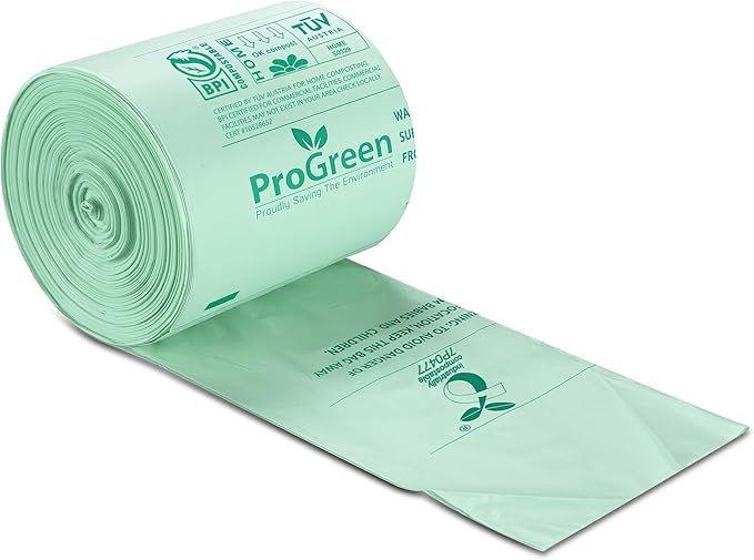 ProGreen Compostable Trash Bags, Extra Thick, Compost Kitchen Bin Bags, Food Scraps Yard Waste Bags, ASTM D6400 BPI and TÜV AUSTRIA Certified (8 Gallon, Pack of 30)