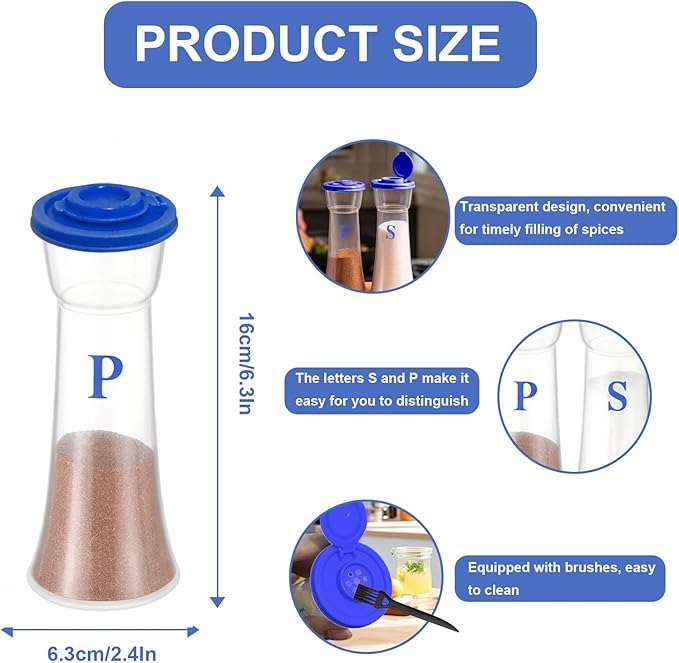 Set of 2 Clear Salt and Pepper Shakers, Plastic Spice Jars with Colorful Lids, Leakproof Moisture-Proof for Home Kitchen Restaurant, Camping, Travel, Picnic (Blue)