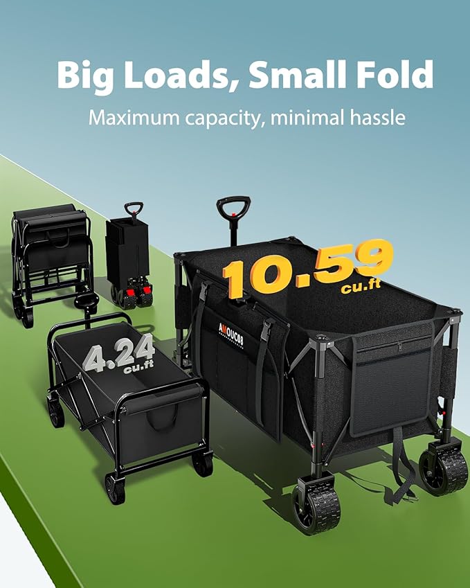 300L Large Wagons Carts Foldable, Heavy-Duty Collapsible Wagon Cart with All-Terrain Wheels, 440 lbs Capacity, Compact Folding Wagon for Camping, Beach, Sports, and Outdoor Hauling