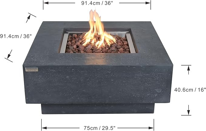 Elementi | Bundle Manhattan Gas Fire Pit Cast Concrete 36" Square Fire Table, Outdoor Fire Pit Electronic Ignition | Canvas Cover, Lava Rock Included | Dark Gray (Propane Gas)
