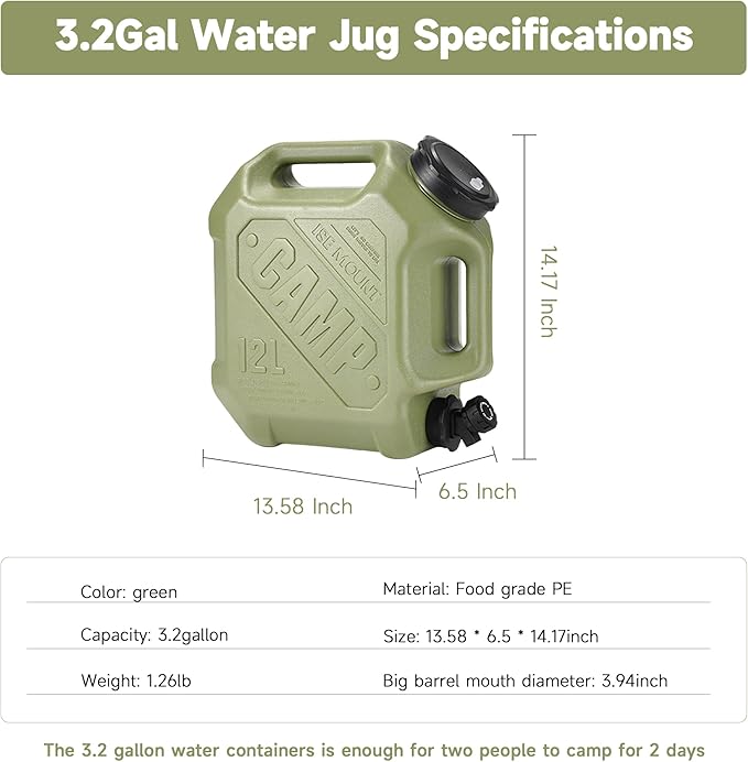3.2 Gallon Water Jug with Spigot, Portable Water Tank BPA Free, Leak-Proof Water Containers for Camping Water Storage Containers for Emergency Outdoor Hiking Picnic, Green/Black/Yellow