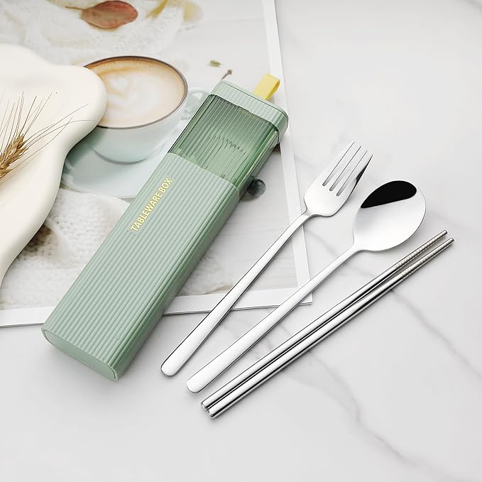 DEVICO Travel Utensils with Case, 18/8 Stainless Steel Reusable Silverware Set for Lunch Box, Portable Cutlery Set, Fork and Spoon Set for Camping, Lunch, Picnic, Workplace, School (Green)