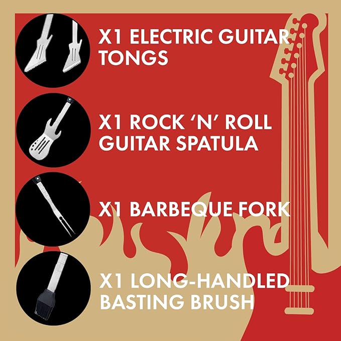 Gifts for Men - BBQ Grilling Set, 4-Piece Heavy Duty Stainless Steel Barbeque Tools - Unique Gifts for Dad, Father, Music Lovers, Perfect Barbecue Accessories for Indoor & Outdoor Use (Guitar Design)