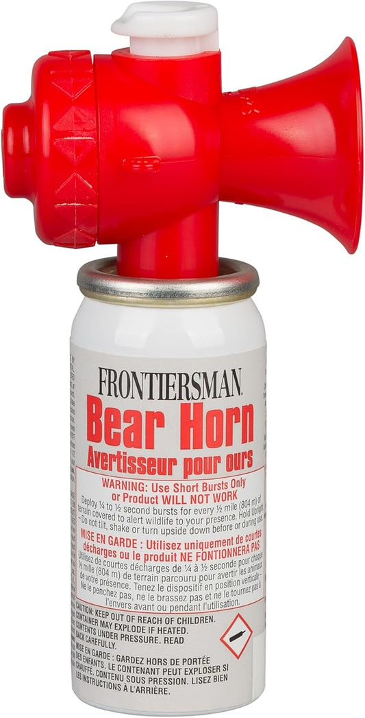 SABRE Frontiersman Bear Horn, 130dB Audible Up to 0.5 Miles, Nonflammable & Eco-Friendly, On/Off Lock Prevents False Alarms, 60 ¼-Second Blasts, Bear Spray Companion, Designed & Assembled in USA