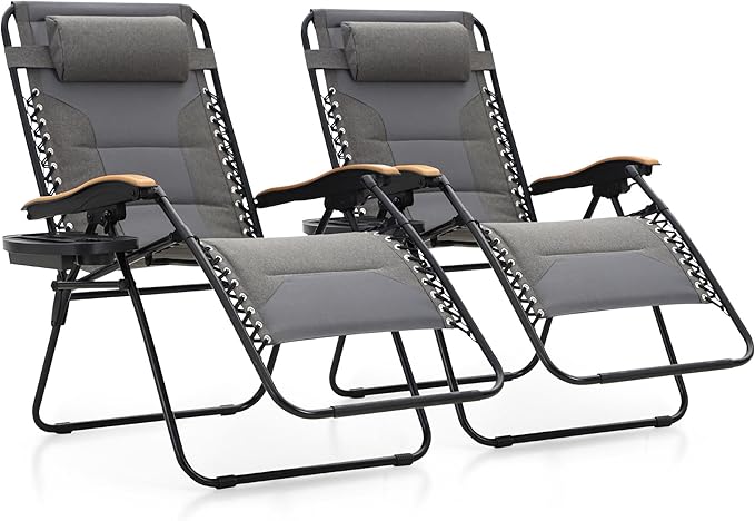 MFSTUDIO Zero Gravity Chairs Set of 2, XL Oversized Outdoor Anti Gravity Chair, Patio Lounge Folding Adjustable Chair with Cup Holder & Padded Headrest, Support 400lbs,Light Grey