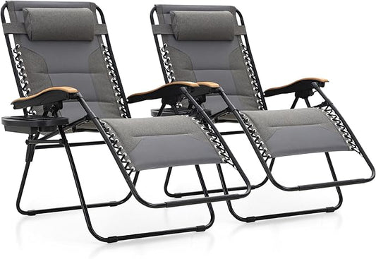 MFSTUDIO Zero Gravity Chairs Set of 2, XL Oversized Outdoor Anti Gravity Chair, Patio Lounge Folding Adjustable Chair with Cup Holder & Padded Headrest, Support 400lbs,Light Grey