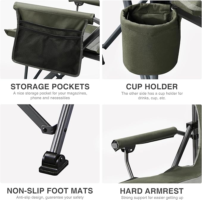 EVER ADVANCED Oversized Folding Camping Chair for Adults, Heavy Duty Lawn Chair with Side Pockets, Portable Collapsible Quad Chair for Outside, Support Up to 500lbs