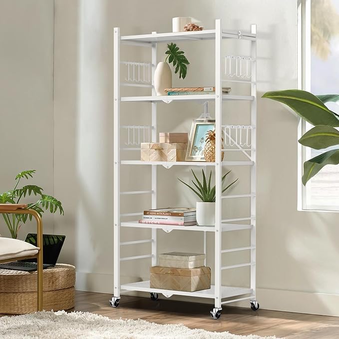 Himix 5-Tier Storage Folding Shelf with 20 Hooks, 4 Wheels, and Adjustable Feet, Stainless Steel