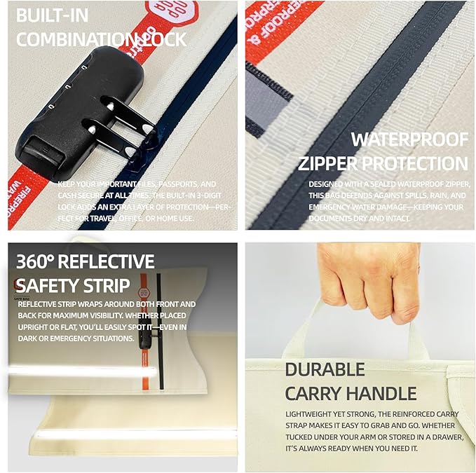 Fireproof Document Bag (Beige) – Waterproof Zipper & Lock – for Home, Office & Travel – Holds Files, Cash, Passport, Valuables – Fire & Water Resistant