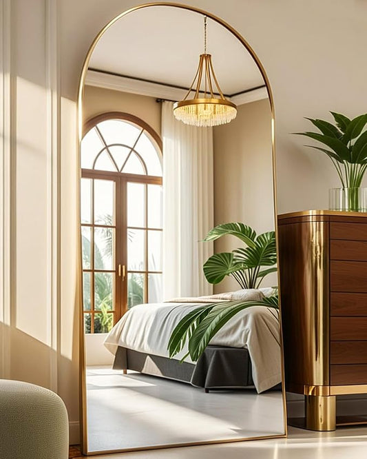 Arched Full Length Mirror77 x38 Full Body Floor Mirror Standing Hanging or Leaning Wall, Arch Wall Mirror with Stand Aluminum Alloy Frame for Bedroom Cloakroom Gold