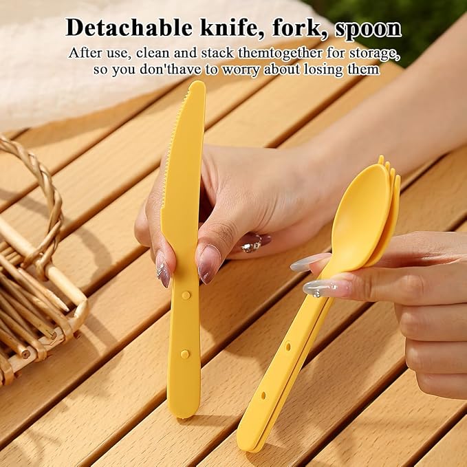 Berglander Camping Mess Kit with Bowl, Plate, Cup, Spoon, Fork, Knife and Carry Bag, Save Space, Easy to Carry, Plastic Camping Essentials Utensils for Travel, Picnic, Outdoor (Gold Yellow)