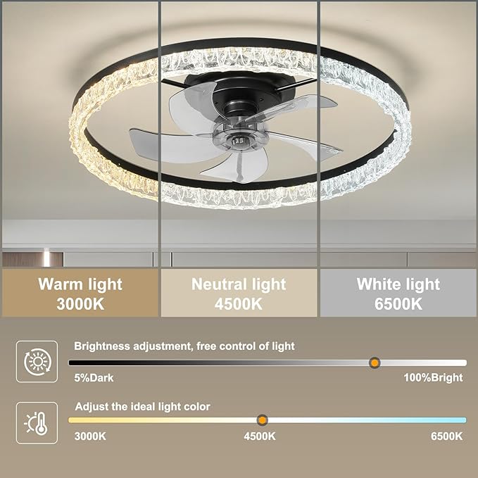 Ceiling Fans with Lights, 24 Inch Ceiling Fan with Light and Remote, Low Profile Reversible Fandelier Ceiling Fan, Dimmable LED, Flush Mount, Low Noise DC Motor, for Bedroom, Kitchen, Office