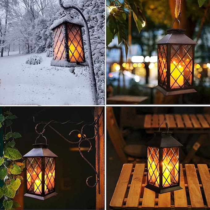 Solar Outdoor Lantern, Garden Hanging Waterproof Lanterns, 3 LED Flickering Flameless Candle, PVC, for Garden Decor Gifts (2 Pack)