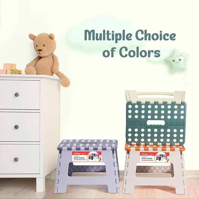 ACSTEP 9 Inch Folding Step Stool 300 LB Capacity Plastic Foldable Step Stools for Kids and Adults, Folding Stool Suitable for Kitchen, Stepping Stool with Handle Bicolor Green Small Step Stool 1PC