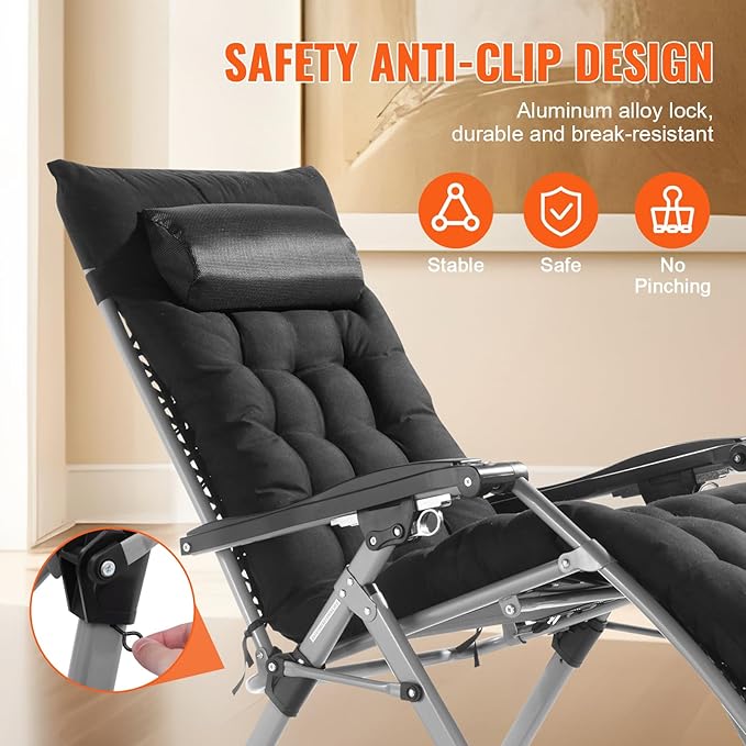 VEVOR Zero Gravity Chair, 26 inch Zero Gravity Recliner Lounge Chair for Indoor and Outdoor, Adjustable Anti Gravity Chair with Cushion, Headrest, Footrest, and Cupholder, 500 lbs, Black