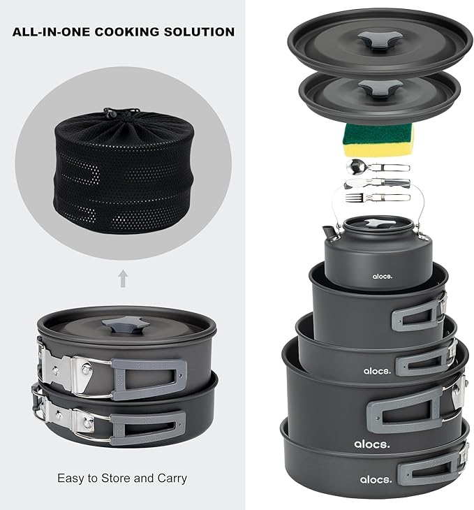 Alocs 17pcs Camping Cookware Set - Lightweight Camping Cookware Mess Kit for 2 - Portable Outdoor Cookware with Kettle - Camping Pots and Pans Set with Stainless Steel Cups Plates Forks Knives Spoons