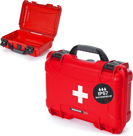 NANUK 909 Waterproof First Aid Box Empty – Durable, Medical First Aid Organizer Case, IP67-Rated, Dustproof, Impact-Resistant, and Floats (7.4" x 4.9" x 3.1") – Red