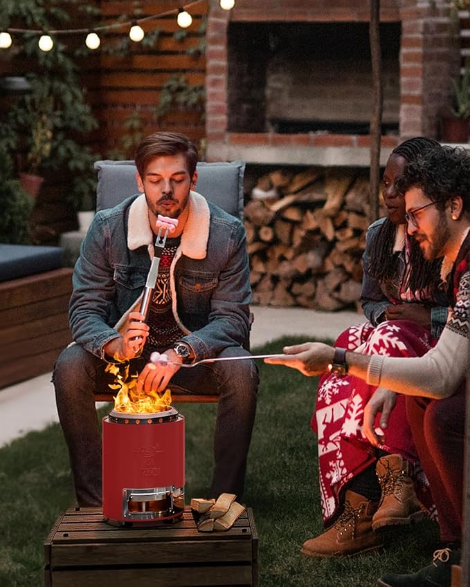 YEFU Tabletop Fire Pit 9.7 x 7.1 in, Flame Intensity Control Camping Stove for Outdoor & Patio, Fueled by Pellets or Wood, Safe Burning Table Top Firepit, with Travel Bag & 2 Mini Sticks, Red