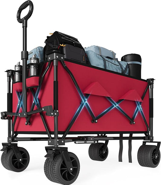 Heavy Duty Foldable Wagon for Beach, Extra Large Collapsible Foldable Wagon for Camping, All Terrain Beach Wagons Extended with Cup Holders for Sand