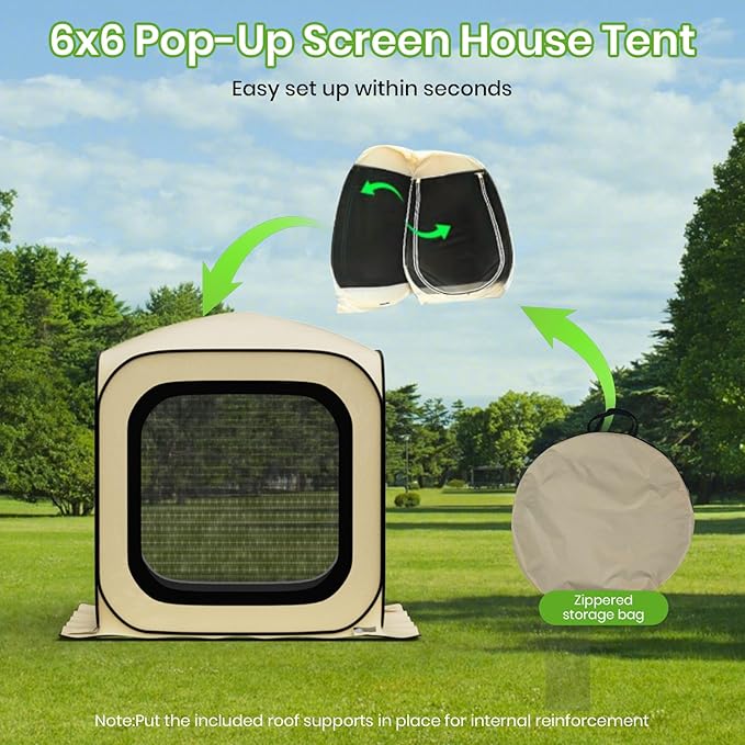 6x6 Pop-up Screen House Tent, Portable Screen Rooms for Outdoors with Storage Bag, Pop up Gazebo with Mosquito Netting,Screened in Canopy for Camping with 2 Zipper Entrances for Traile/Deck/Camping