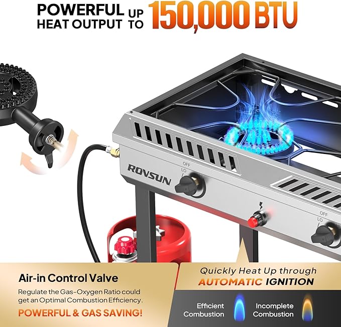 ROVSUN 2 Burner Outdoor Propane Gas Stove with Auto-ignition, Regulator & Shelf, 150,000 BTU Powerful Stand Cooker for Backyard Patio Cooking Home Brewing Canning Turkey Frying