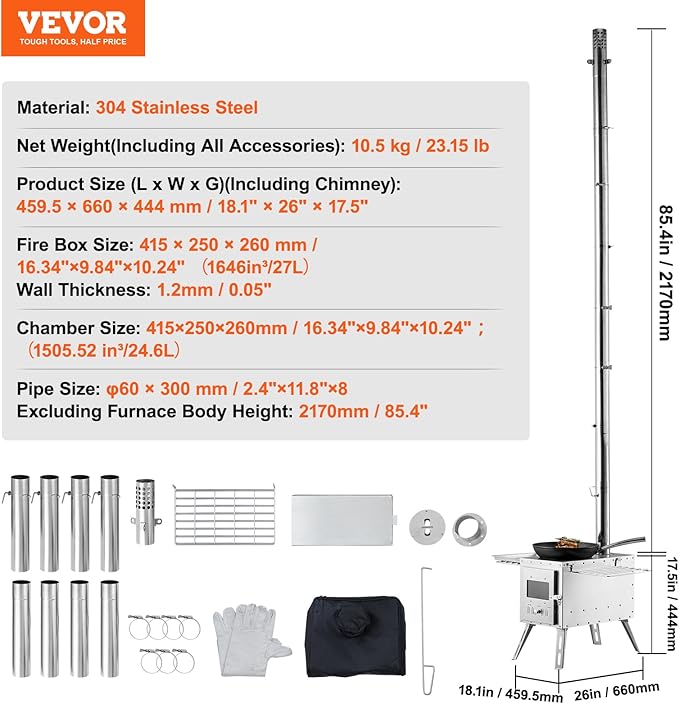 VEVOR Camping Wood Stove Stainless Steel Camping Tent Stove, Portable Wood Burning Stove with Chimney Pipes & Gloves, 1646in³Firebox Hot Tent Stove for Outdoor Cooking and Heating with 8 Pipes