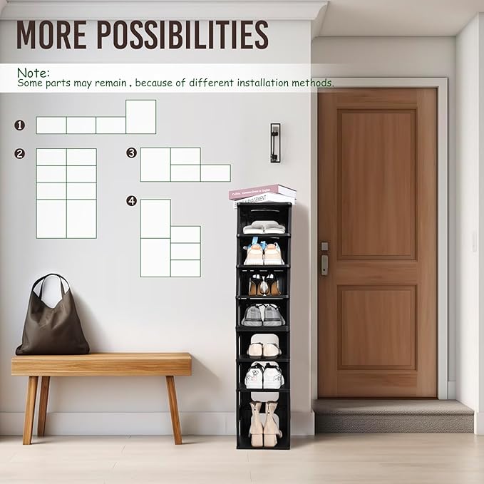 TRZZ 8-Tier Small Shoe Rack, Vertical Narrow Stackable Organizer with Removable Partition, Efficient Shoe Storage for Closet, Entryway, and Small Spaces (Black)