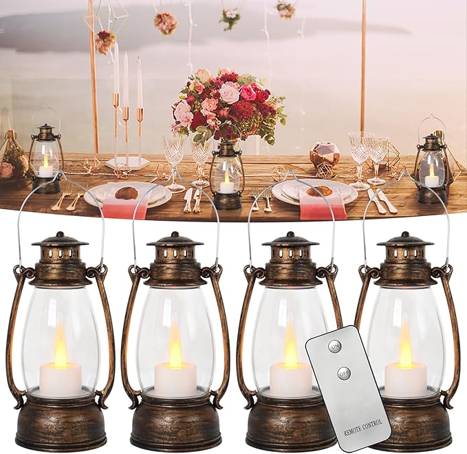 Vintage Lantern Decor, 4-Pack Flickering LED Candle Lantern with Remote Small Sized Lantern Indoor Outdoor Hanging Lanterns for Wedding Centerpiece,Halloween,Christmas,Farmhouse Decorations