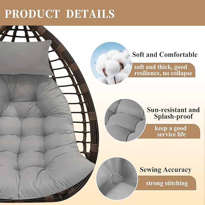 Thicken Hanging Basket Seat Cushion with Headrest, Hammock Swing Chair Cushions, Soft Egg Patio Chair Cushion with High Elasticity PP Cotton, for Indoor and Outdoor Garden Offices (with Pillow)