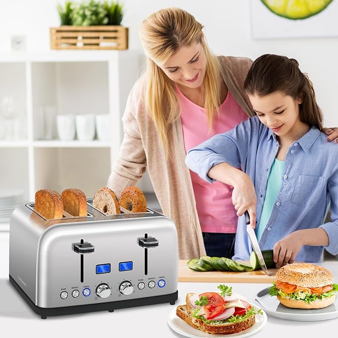 SEEDEEM Toaster 4 Slice, LCD Display, 6 Shade Settings, 1.5'' Wide Slots, Digital Stainless Toaster for Bagel, Defrost, Reheat, Dual Control, Removable Crumb Tray, 1500W, Silver Metallic