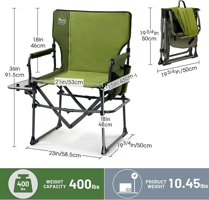 Timber Ridge Aluminum Camping Directors Chair with Side Table Pocket, Portable Folding Chair, Heavy Duty Lawn Chair for Fishing Trip Picnic Concert Outdoor 400lbs, Green