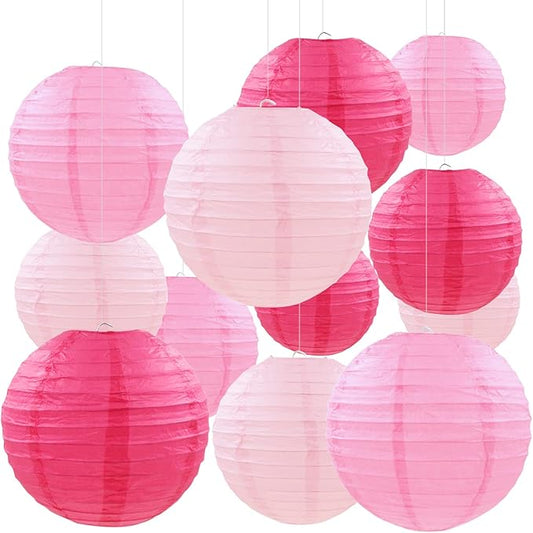 12 Pcs Pink Party Paper Lanterns Romantic Decorations Rose Red and Pink Round Chinese Paper Lanterns for Wedding Birthday Party Valentines Day Engagement Baby Showers Decoration