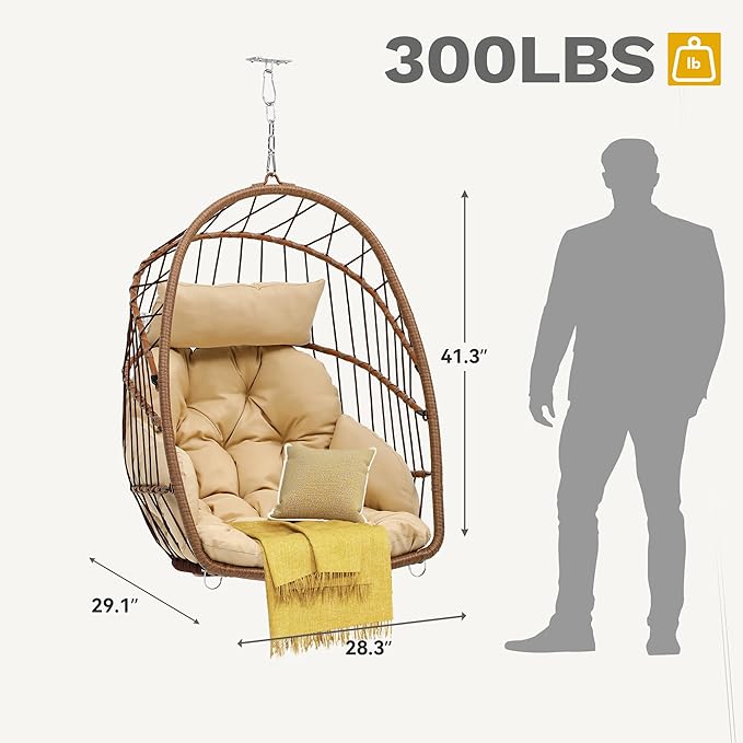 DWVO Egg Chair Without Stand, Basket Chair Hanging Outdoor Rattan Wicker Patio Hammock Indoor Egg Chair with Cushion, Hanging Swing Chair 300lbs for Porch, Garden, Bedroom, Balcony, Beige
